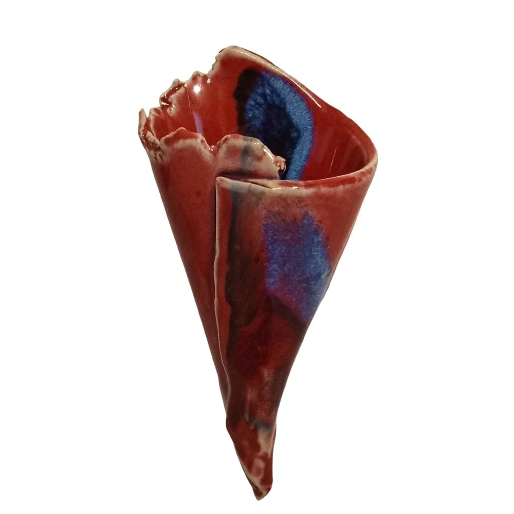 Vtg Handmade Waffle Cone Style Stoneware Pocket Flower Vase Boho Red Blue 8.5